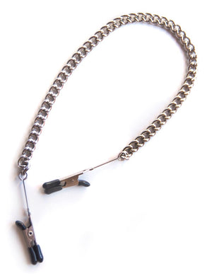 The Mini Nipple Clamps are displayed against a blank background. They are small clothespin-style clamps with black rubber tips and are connected by a chain.