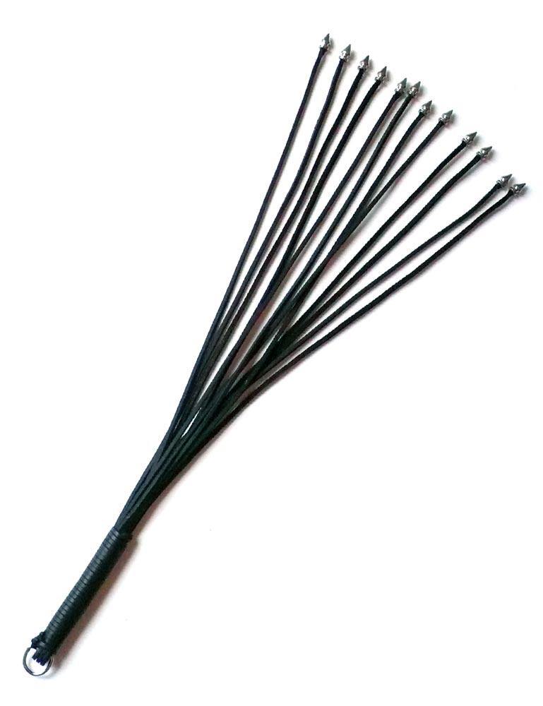 The black leather 20-inch Thong Whip with Spiked Tails is displayed against a blank background. The falls are very thin and have metal spikes at the ends.