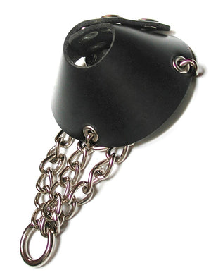 The parachute ball stretcher is displayed against a blank background. It is made of a piece of black leather that is shaped like a cone when it is snapped together. Three metal chains connected by an O-ring dangle from the bottom of the parachute.