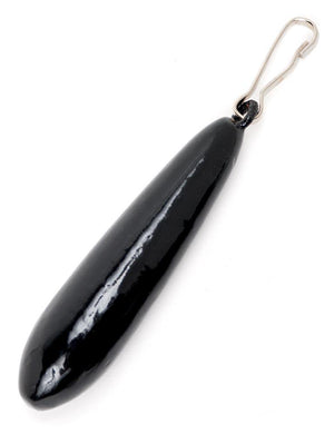 A black tear-drop-shaped Metal Weight with a Silver clip is displayed against a blank background.