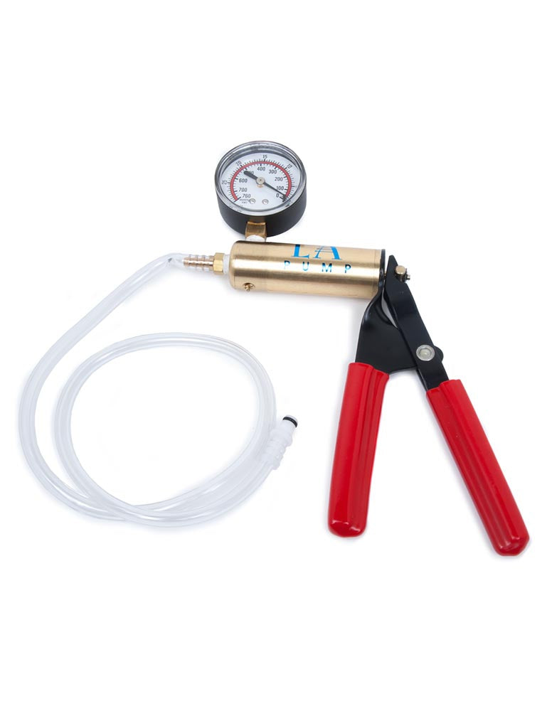 The brass Deluxe Hand Pump is shown against a blank background. The handle is made of two red cylinders that can be squeezed to create pressure. They are attached to a brass cylinder with a pressure gauge, which is attached to a long plastic tube.
