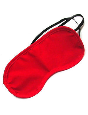 Cathy’s Blindfold in red is displayed against a blank background. It is a BDSM blindfold made of shiny red nylon fabric with two thin, black elastic straps.
