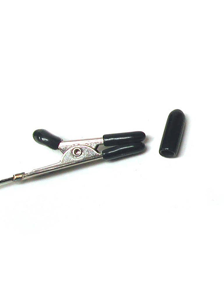 A spare black small Extra Tip For Nipple Clamps is displayed against a blank background next to a nipple clamp with rubber tips on it.