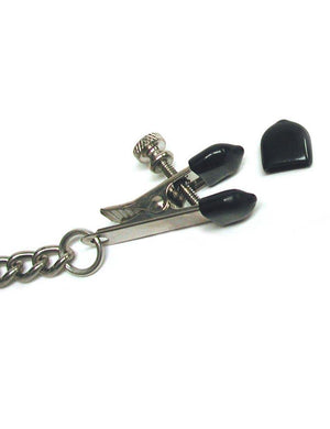 A spare black medium Extra Tip For Nipple Clamps is displayed against a blank background next to a nipple clamp with rubber tips on it.
