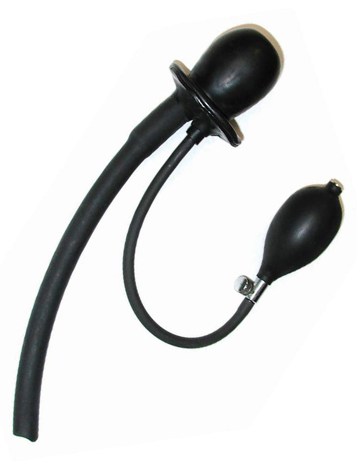 The black Inflatable Penis Gag with A Tube is displayed against a blank background. The gag is shaped like the head of a penis and has one thick tube attached, as well as a thinner one with a squeeze-bulb pump at the end.