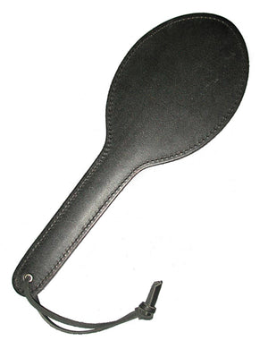 The Round Leather Paddle, made of black leather with a wrist loop on the handle, is displayed against a blank background.