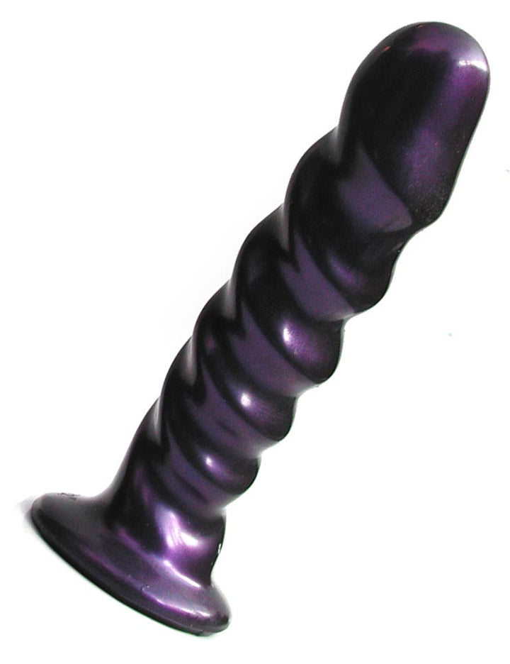 The Tantus Echo Vibrating Dildo is displayed against a blank background. The dildo is made of dark, shimmering purple silicone. It has ridges swirling down the length of the dildo, resembling the texture of the head of a penis.