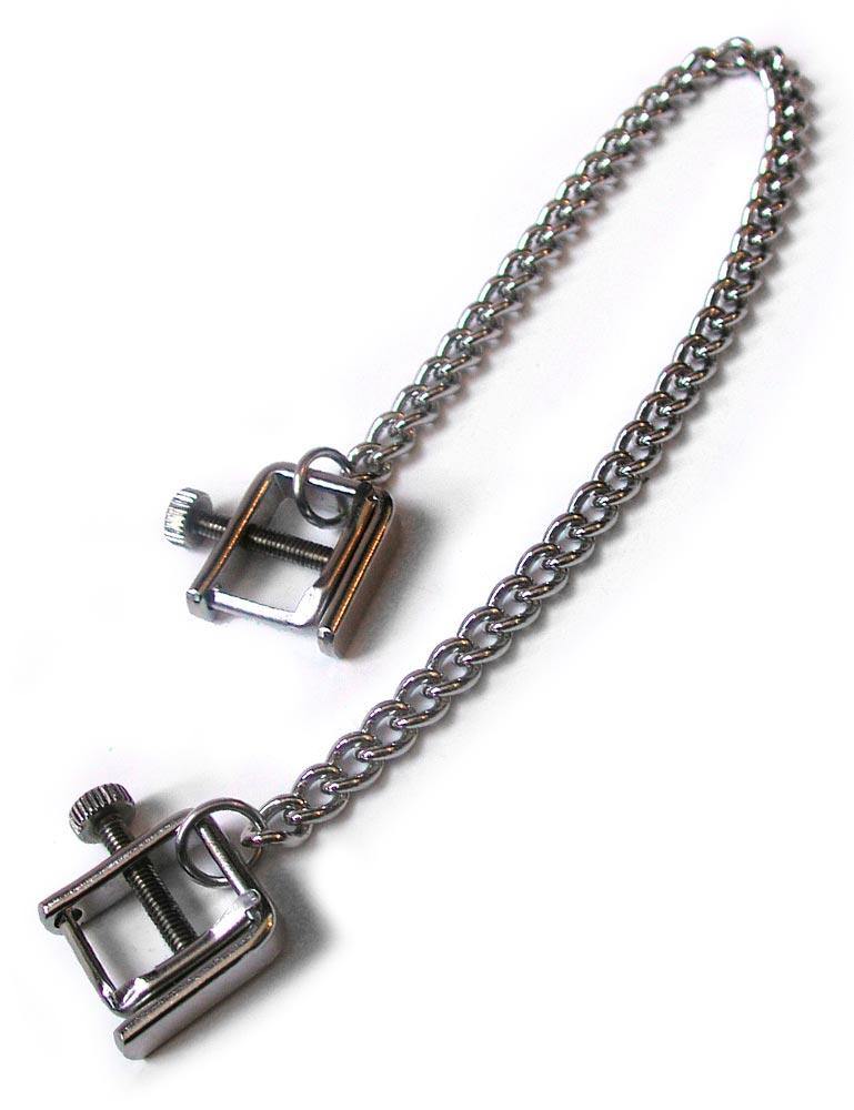 The Adjustable C-Clamps are displayed against a blank background. The clamps are silver and are shaped like a rectangular C with a bar inside, which can be adjusted by a screw. They are connected by a chain.