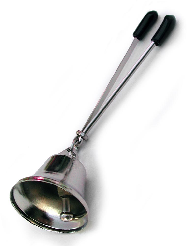 A single Nipple Clamp with a Bell is displayed against a blank background. It is a silver tweezer-style clamp with black rubber tips with a small silver bell at the bottom.