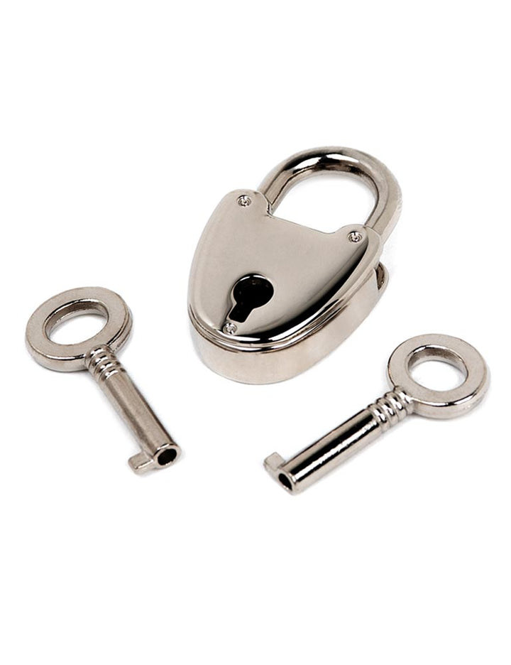 The Polished Heart Padlock is displayed against a blank background with two keys. The padlock is silver and shaped like a heart with a keyhole in the center.