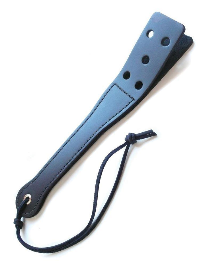 The 12-inch Slapper With Holes is displayed against a blank background. It is made of black leather with a wrist loop at the base of the handle and two split leather tabs with holes in them at the top.
