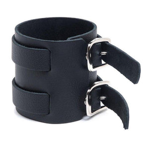 The 2-Strap Black Leather Wrist Band is displayed against a blank background.