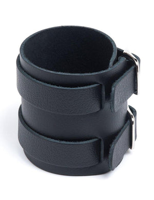 The 2-Strap Black Leather Wrist Band is displayed against a blank background.