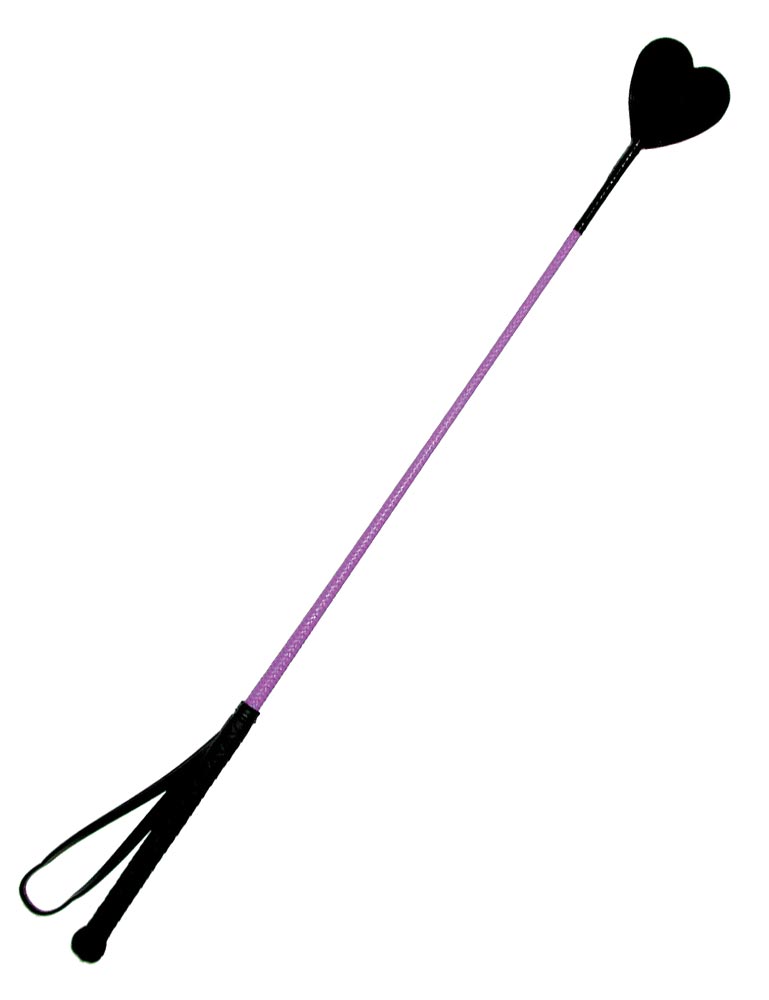 The Purple Heart Crop is displayed against a blank background. The crop has a black handle with a wrist loop and a black leather heart at the end, with a purple nylon rod in the middle.