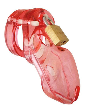 The assembled transparent red chastity cage from the CB-3000 Complete Male Chastity Package is shown against a blank background. The cage has small cutouts, including on the tip of the cage, for circulation. It is locked with a brass padlock.