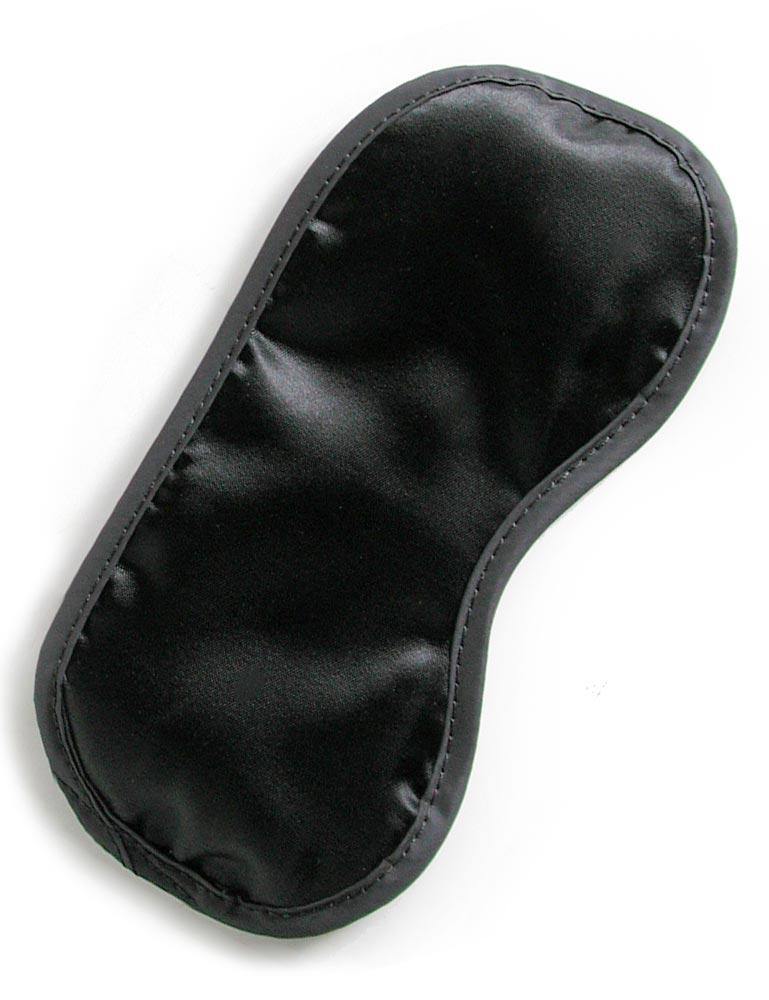 Cathy's Satin Blindfold in black is displayed against a blank background. It is a classic blindfold made of shiny black satin. 