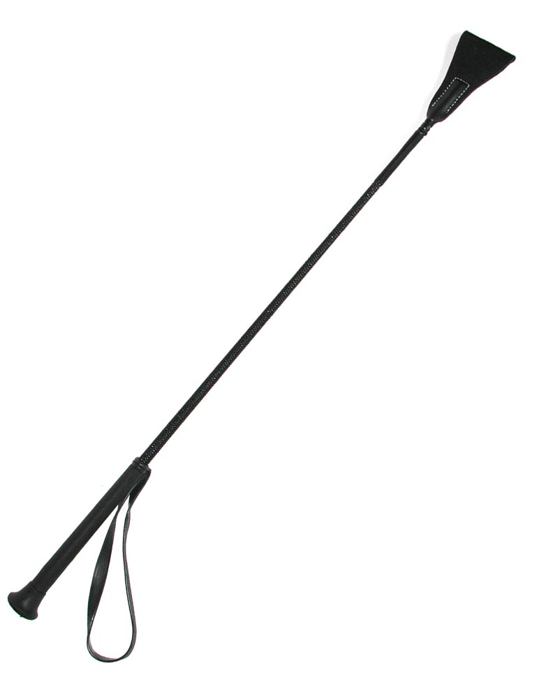 The Short Event Bat, a riding crop with a black handle and nylon rod with a triangular black leather tab at the top, is displayed against a blank background. There is a wrist loop on the handle.