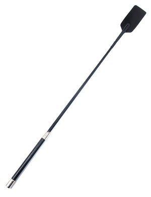 The Hog Slapper crop, which has a black handle, a black nylon rod, and a black leather square slapper at the end, is displayed against a blank background.