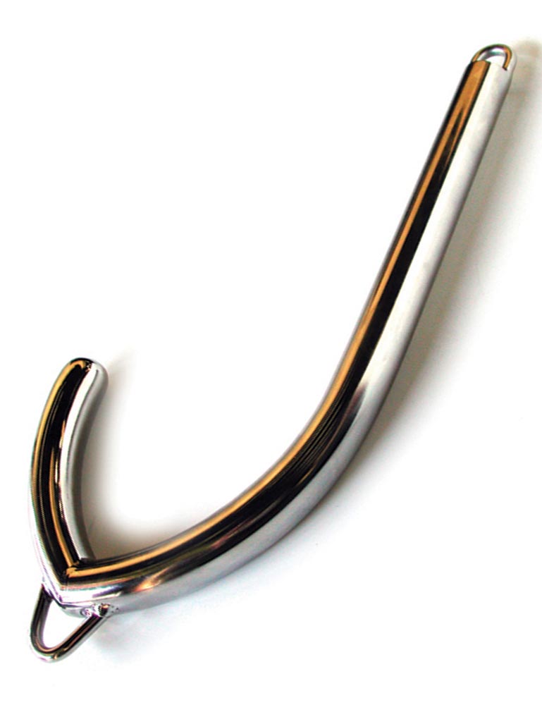 The Steel Vaginal Hook/Hanger is displayed against a blank background. It is J-shaped and made of shiny stainless steel. The hook has a ring at the top and bottom.