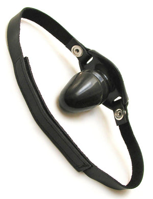 The Tantus Silicone Fantasy Penis Gag is displayed against a blank background. The gag is made of black silicone shaped like the head of a penis, and is attached to black leather velcro straps.