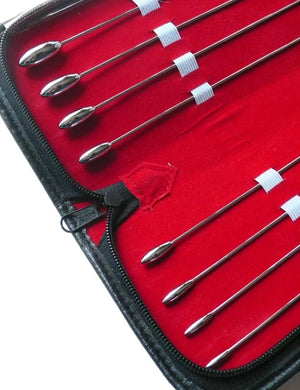 The tips of the 8 Piece Rosebud Urethral Sounds Kit are shown against the blank background. The sounds are straight, and the tips are oval-shaped and bulbous.