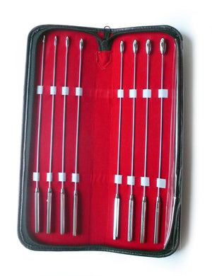 The 8 Piece Rosebud Urethral Sounds Kit is shown against a blank background. The book-shaped case has a black exterior and red interior and is unzipped, showing the silver sounding rods, which are lined up from left to right from smallest to largest. 