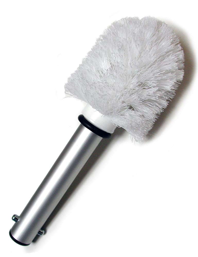 The Toilet Brush Attachment For Scott Paul's Humiliator Gag, made of a round, white toilet brush attached to a metal rod, is displayed against a blank background.