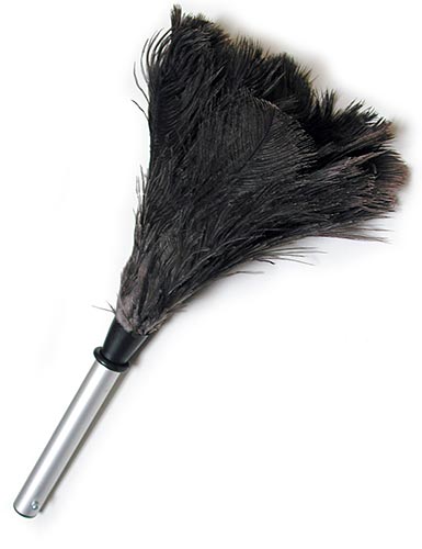 The Feather Duster Attachment For Scott Paul's Humiliator Gag, made of a grey feather duster attached to a metal rod, is displayed against a blank background.