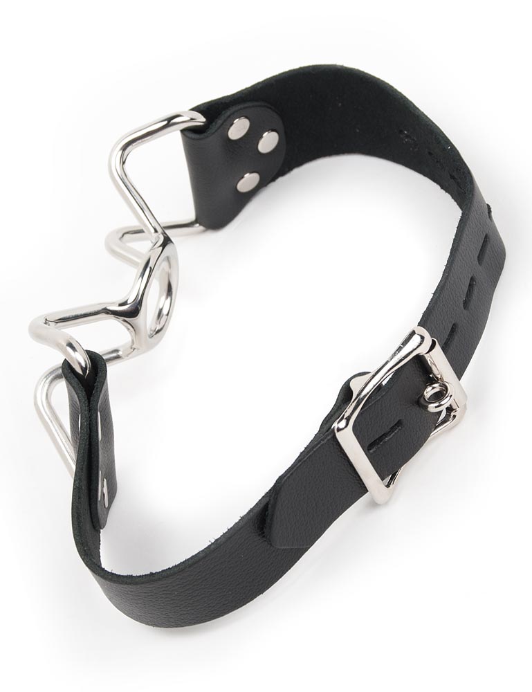 The Spider Gag is shown fromg the back against a blank background, displaying the gag's adjustable leather strap and lockable metal buckle. 
