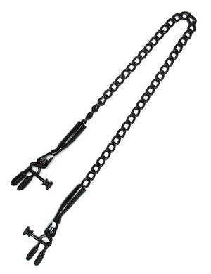 The Black Spring Jaw Style Nipple Clamps are displayed against a blank background. The clamps have rubber tips and a screw to adjust the tension and are connected by a black chain.