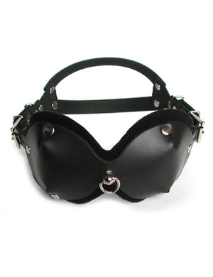The Mistress Heather Leather Blindfold is displayed against a blank background. It is made of black leather with metal hardware. It has two adjustable straps with buckles on each side.