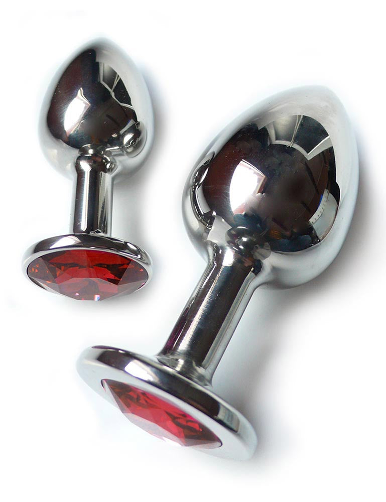 Two Julian Snelling Rosebuds Jeweled Anal Plugs, one medium and one large, are displayed against a blank background. The base has a red Swarovski Crystal covering it.