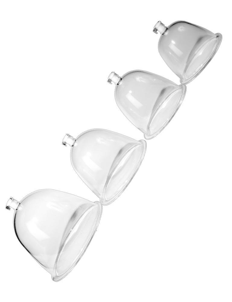 Four Breast Pump Cylinders are arranged from largest to smallest against a blank background. They are transparent plastic cups with flared bases and small attachment points for a suction pump at the tops.