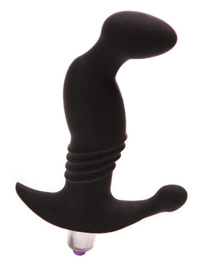 The matte black silicone Tantus Prostate Play Massager is shown against a blank background. It is shaped like an average plug, but it has a noticeable sideways protrusion at the top. The base is flared and with a silver bullet vibrator inserted into it.