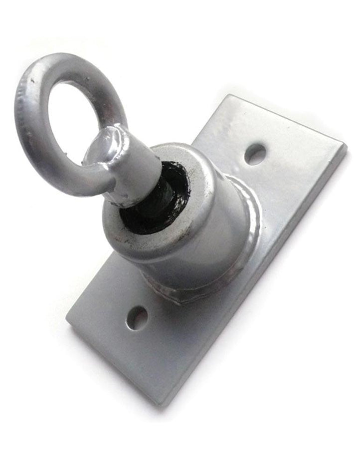The silver steel Tire Swivel for suspension bondage is displayed against a blank background. It is a metal ring secured in a metal plate.