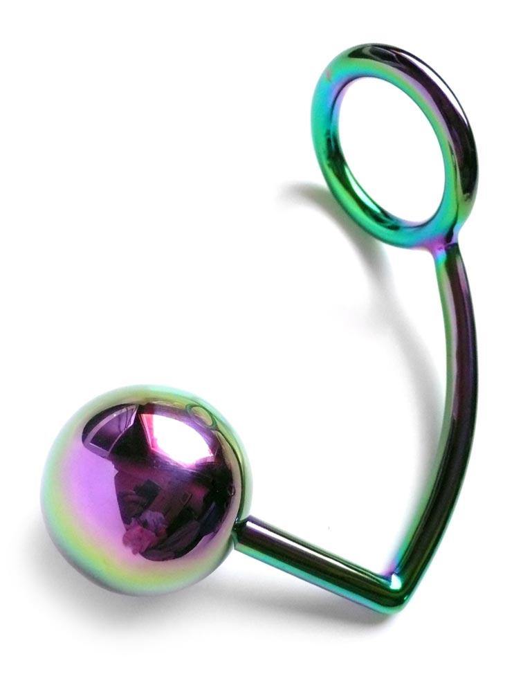 The rainbow stainless steel Trailer Hitch is displayed against a blank background. A hooked piece of steel has an anal plug ball on one end and a cock ring on the other.