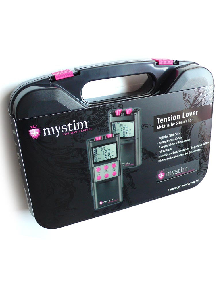 The black plastic case for the Mystim Tension Lover is displayed against a blank background.