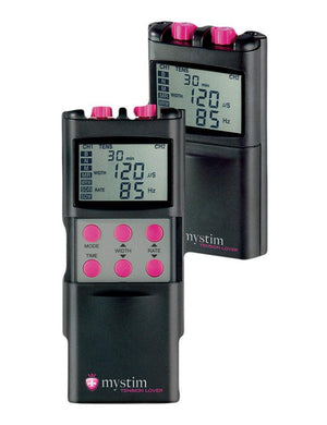 Two Mystim Tension Lover controllers are displayed against a blank background. They are black plastic rectangles with two pink knobs on top and a digital display. One remote has the control panel on the front slid open, revealing the pink buttons.