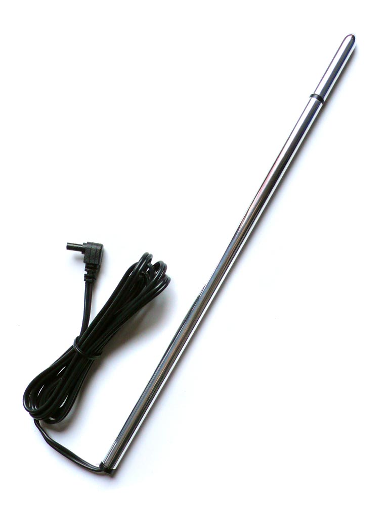 The Mystim Thin Finn Urethral Sound, a thin rod made of silver aluminum with a cord at the base, is displayed against a blank background.