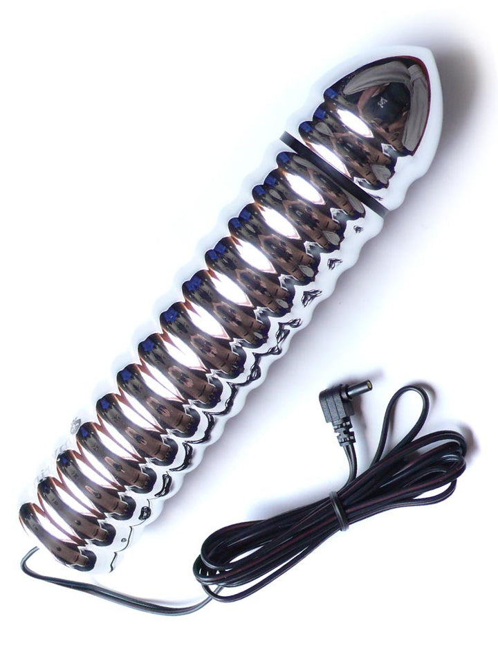 The Mystim Groovey George Rilldildo is displayed against a blank background. It is a long, silver aluminum dildo with many ridges and a black cord coming out of the bottom.