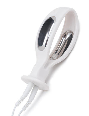 The Mystim Julian Vaginal Probe is displayed against a blank background. It is loop-shaped with a narrow neck and is made of white plastic.