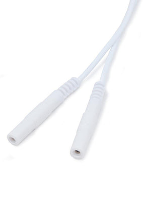 The white cords for the Mystim Romeo Vaginal/Anal Probe are displayed against a blank background. 