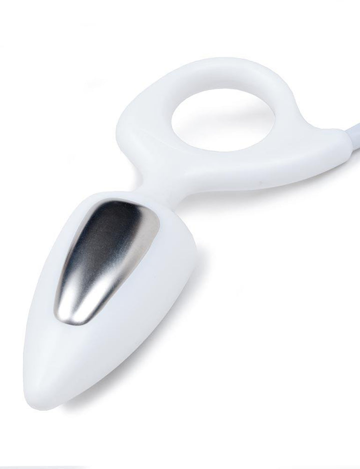 The Mystim Romeo Vaginal/Anal Probe is displayed against a blank background. It is a white conical tapered plug with a ring handle base.