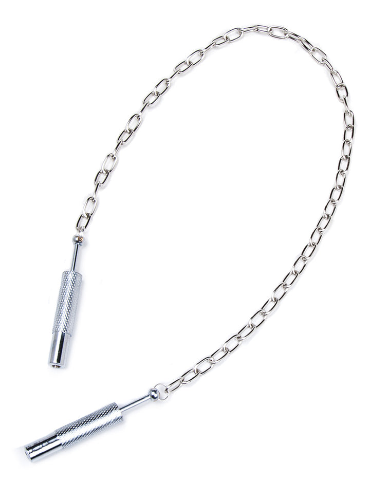  The Extreme Talon Nipple Clamps are shown against a blank background with their claws retracted. The clamps are silver metal cylinders with a small rod at the bottom that can be pushed to expose the claws. A silver chain link attaches them at the rods.
