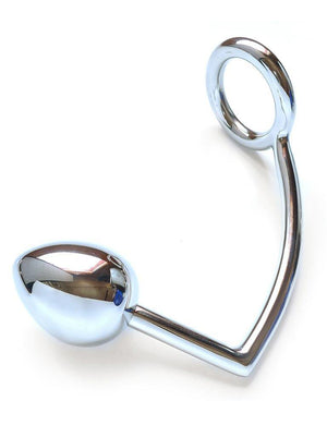The Trailer Hitch Kingpin anal plug and cock ring is displayed against a blank background. It is a hooked rod with a tapered plug on one end and a ring on the other end.