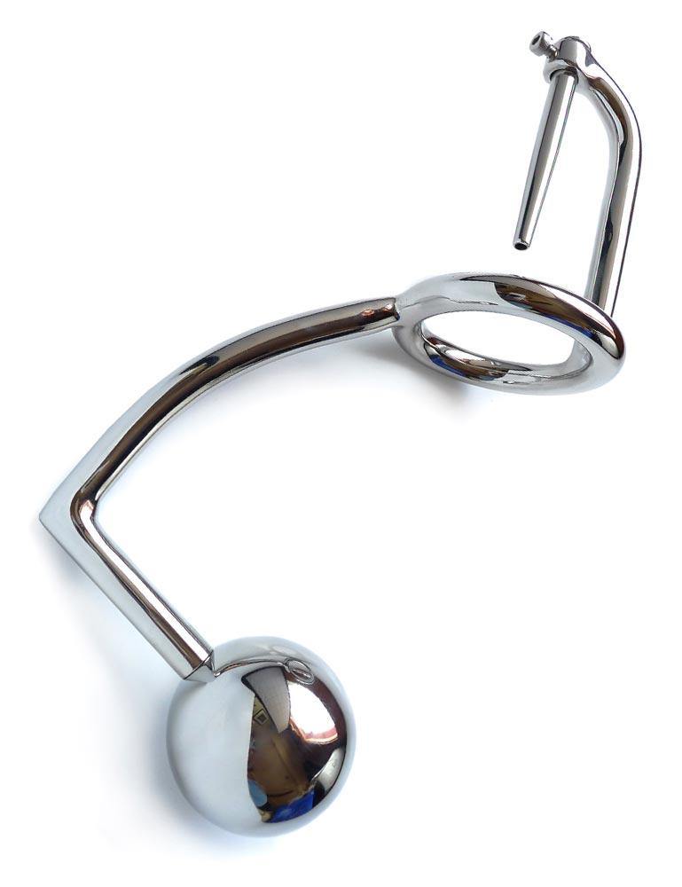 The silver stainless steel Trailer Hitch Convoy is displayed against a blank background. It is a hook with an anal plug ball at the shorter end and a cock ring at the other end. Above the cock ring is a small sounding rod.