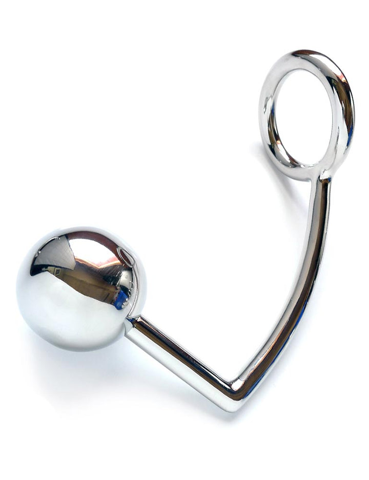 The silver stainless steel Trailer Hitch Echo is displayed against a blank background. It is a hook with an anal plug ball on the shorter end and a cock ring on the longer end.