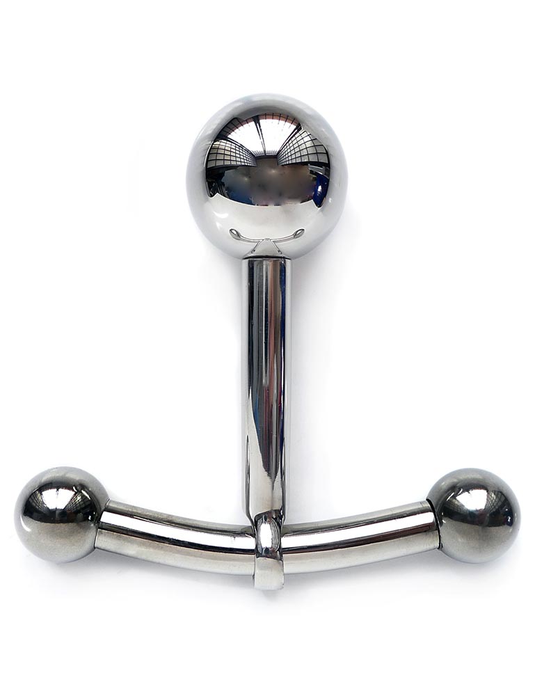 The Stainless Steel Anchor anal hook and plug is displayed against a blank background. It is a slightly curved horizontal rod with small balls on each end and a vertical rod with a larger ball attached at the center.