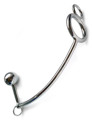 The silver stainless steel Tailgater is displayed against a blank background. It is a hook with a small ball at one end and two rings, one small and one large, at the other end. There is also a small ring at the curve of the hook.