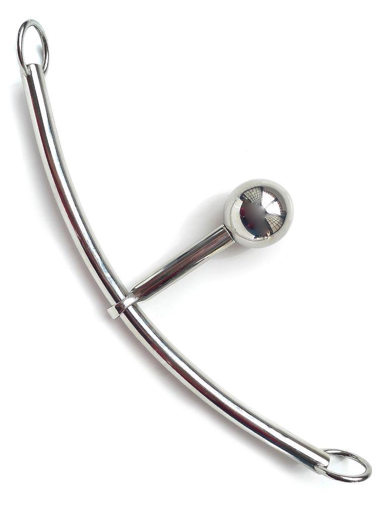 The stainless steel Anchor With A Rope Hook is displayed against a blank background. It is a slightly curved horizontal rod with rings on each end and a vertical rod with a ball on the end attached at the center.